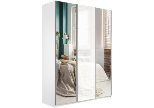 Шкаф-купе Прайм 3-х дверный (Зеркало/Стекло белое/Зеркало) Белый снег