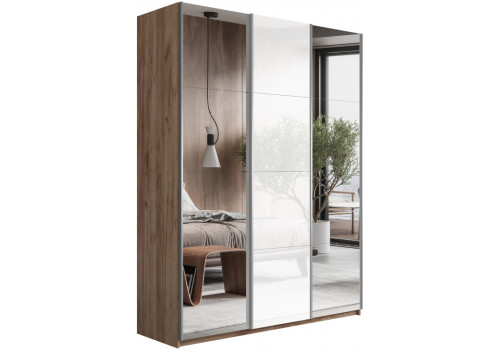 Шкаф-купе Прайм 3-х дверный (Зеркало/Стекло белое/Зеркало) Крафт табачный